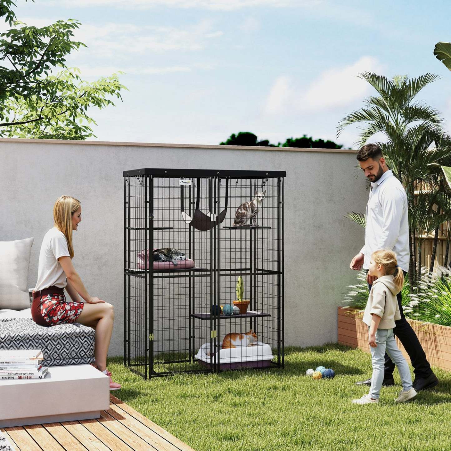 Catio Pawhut Enclos extérieur pour chats, Maison pour chats en fil soudé avec couverture imperméable, 4 plateformes de saut, hamac, cage pour chats d'intérieur pour 1 à 3 chatons, 46,5 x 22 x 62, noir