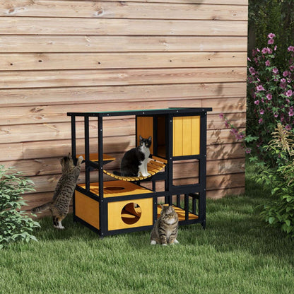 Pawhut Niche D'exterieur Pour Chat, Abri Pour Chat En Bois Avec Pont Suspendu, Condos, Portes De Sec