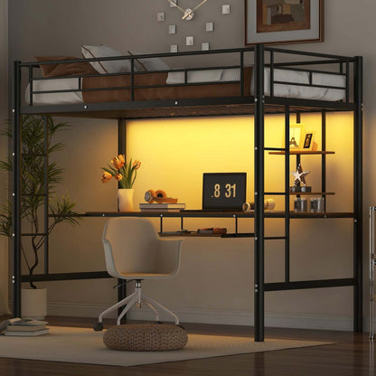 Lit mezzanine simple en métal Andy avec bureau et éclairage LED - Noir | Andy – Lit mezzanine simple en métal avec bureau et éclairage LED, design gain de place – Noir