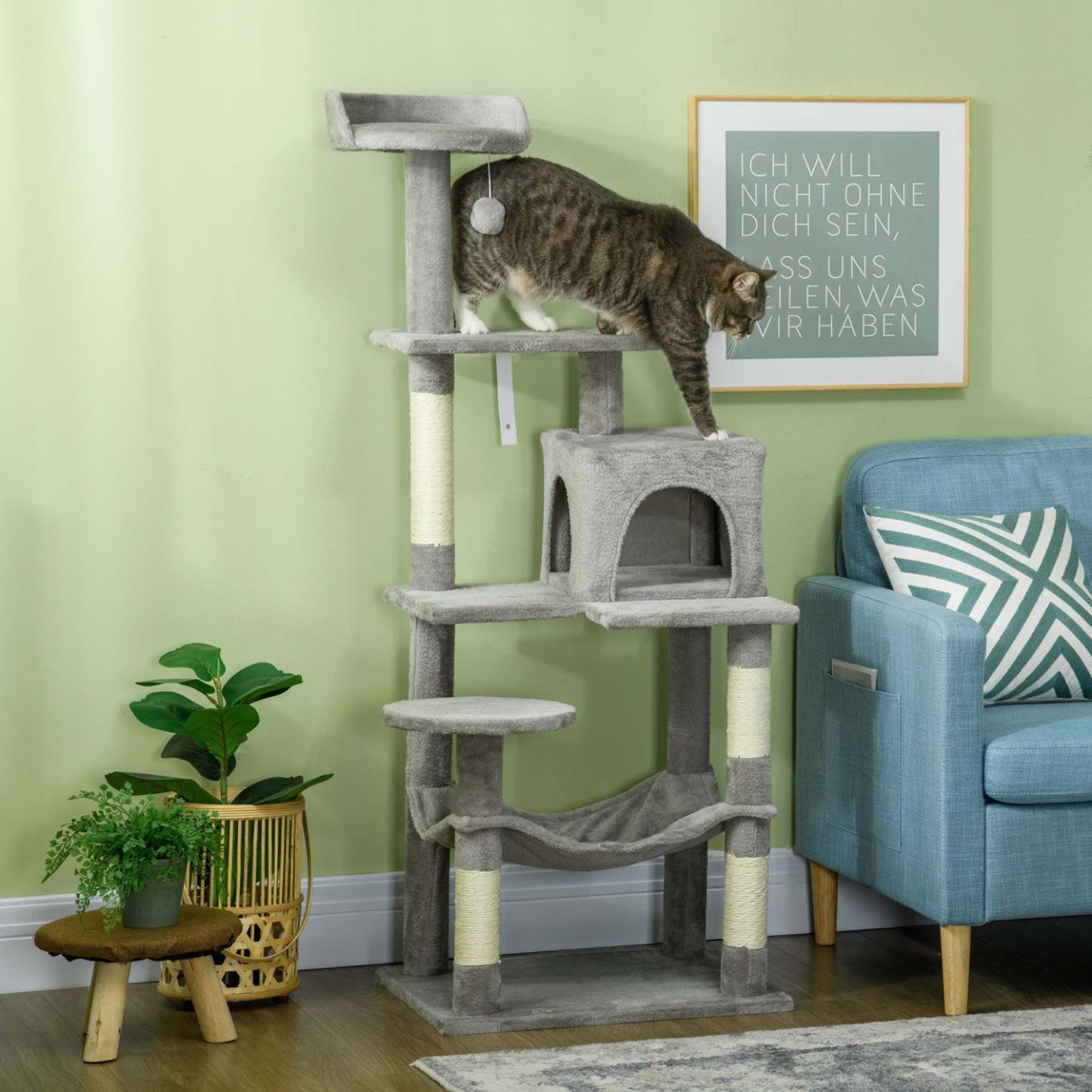 Pawhut Grand Arbre A Chat, Tour A Plusieurs Niveaux De 57 Avec Hamac, Lit Pour Chat, Niche Pour Chat