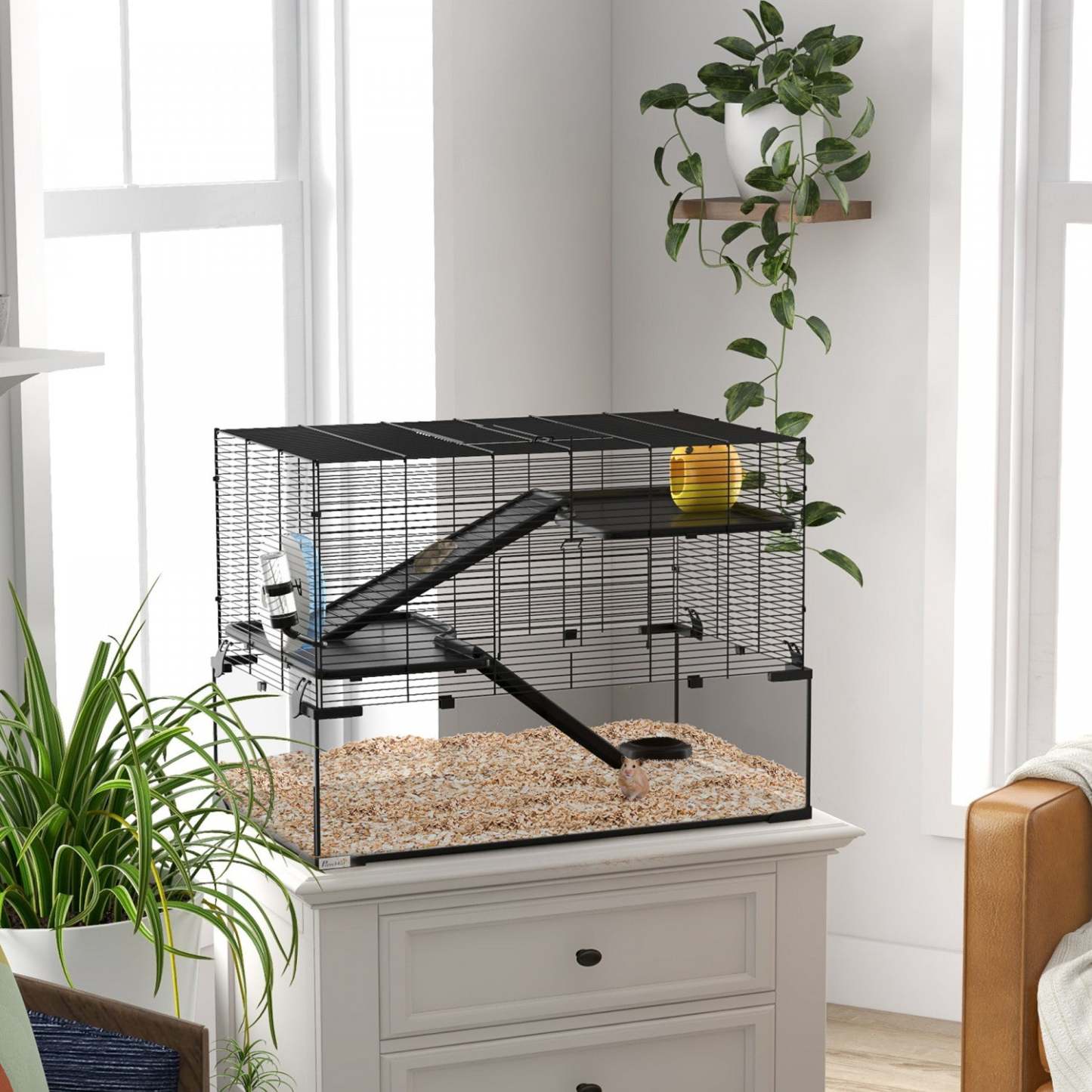 Pawhut Hamster Cage, Cage à Gerbilles Avec Bassin En Verre, Rampes, Plates-formes, Cabane, Roue D'Exercice, Pour Syrien