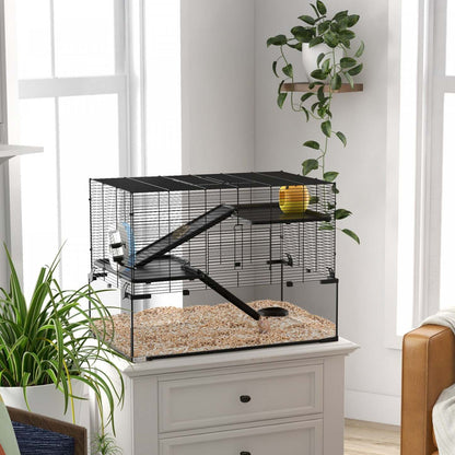 Pawhut Hamster Cage, Cage à Gerbilles Avec Bassin En Verre, Rampes, Plates-formes, Cabane, Roue D'Exercice, Pour Syrien