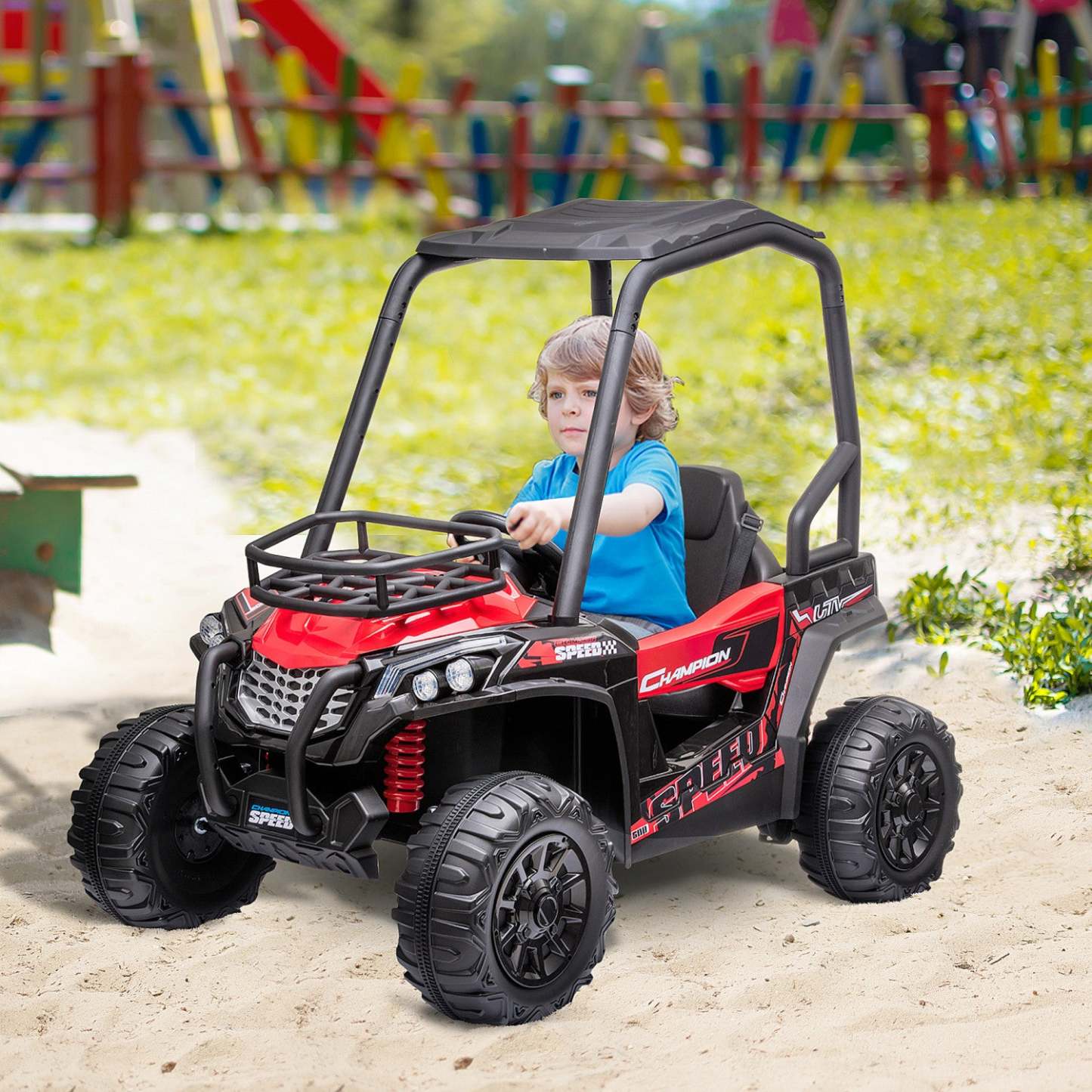 Aosom Kids Ride On Car 12v Battery-powered Electric Off-road Utv Toy 1.8-3.7 Mph Avec Toit Haut Pare|Jouet Utv Tout-terrain Pour Enfants A Batterie 12v Aosom 1,8-3,7 Mph Avec Télécommande Parentale AT