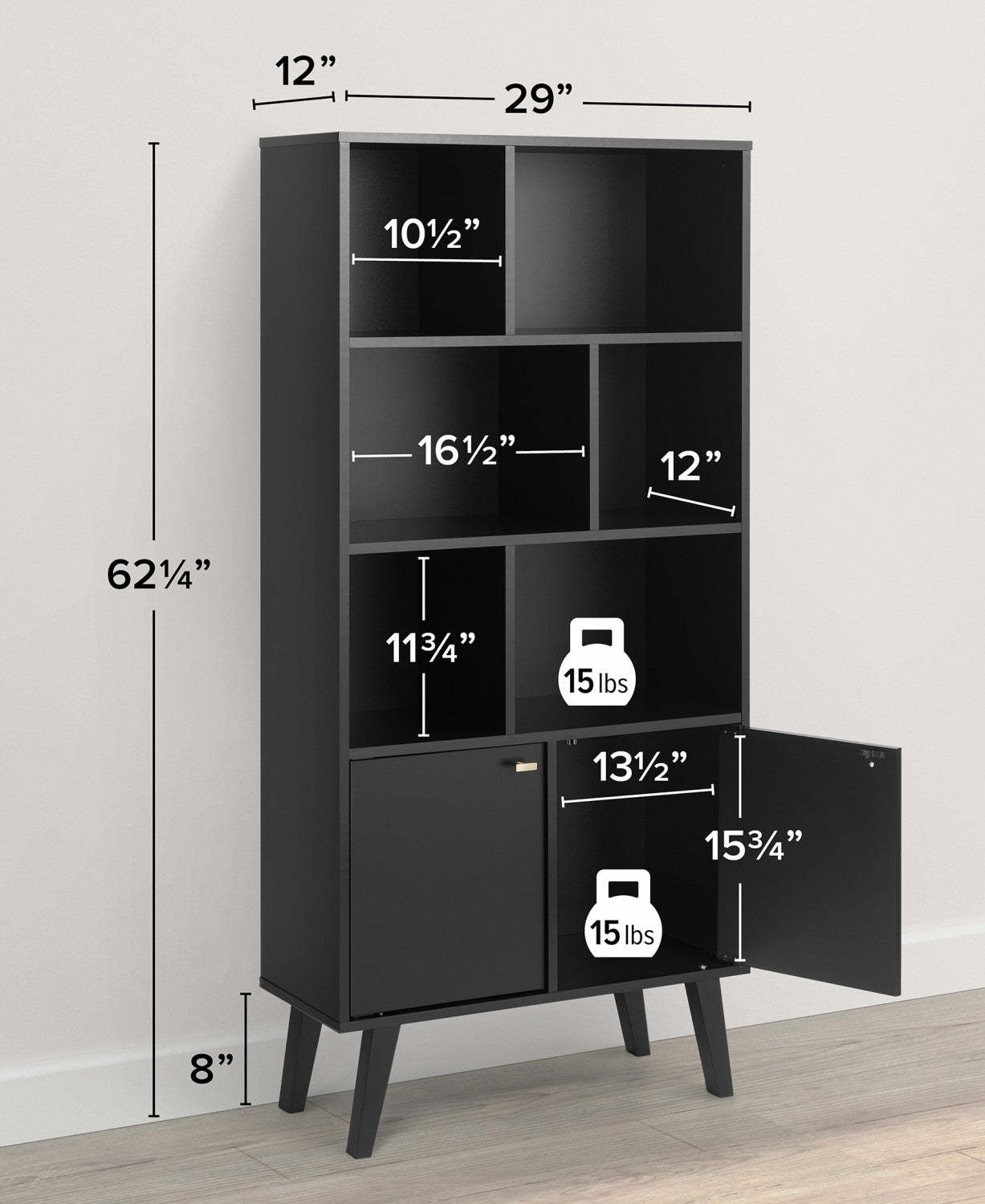 Bibliothèque moderne Milo Mid-Century avec 6 étagères, 2 portes et boutons au fini laiton brossé - Noir|Bibliothèque moderne du milieu du 20e siècle Milo avec 6 tablettes, 2 portes et poignées au fini laiton brossé - noire