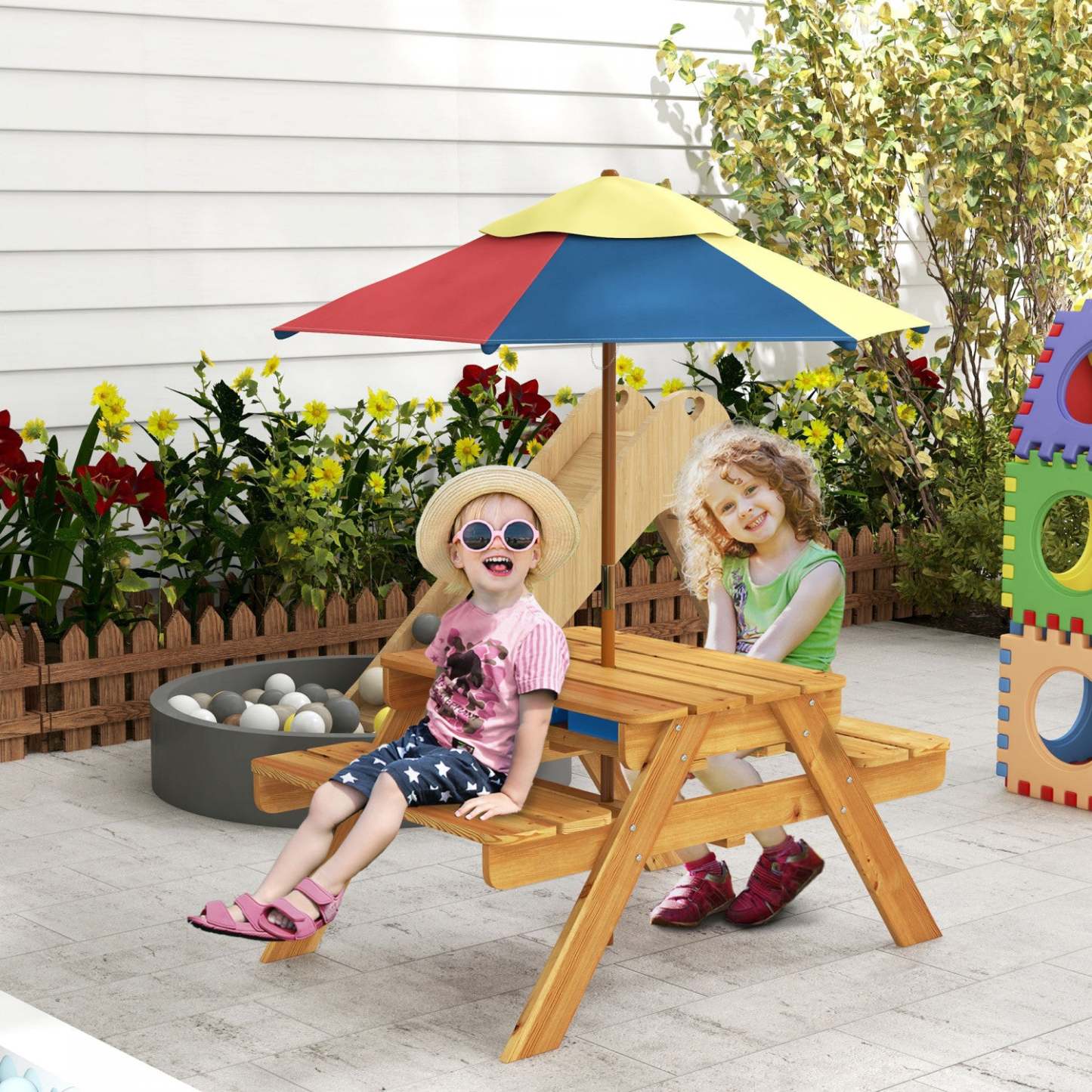 Outsunny Table De Pique-nique Pour Enfants, Table De Sable Et D'eau 3 En 1 En Bois Avec Parapluie Pliante Amovible