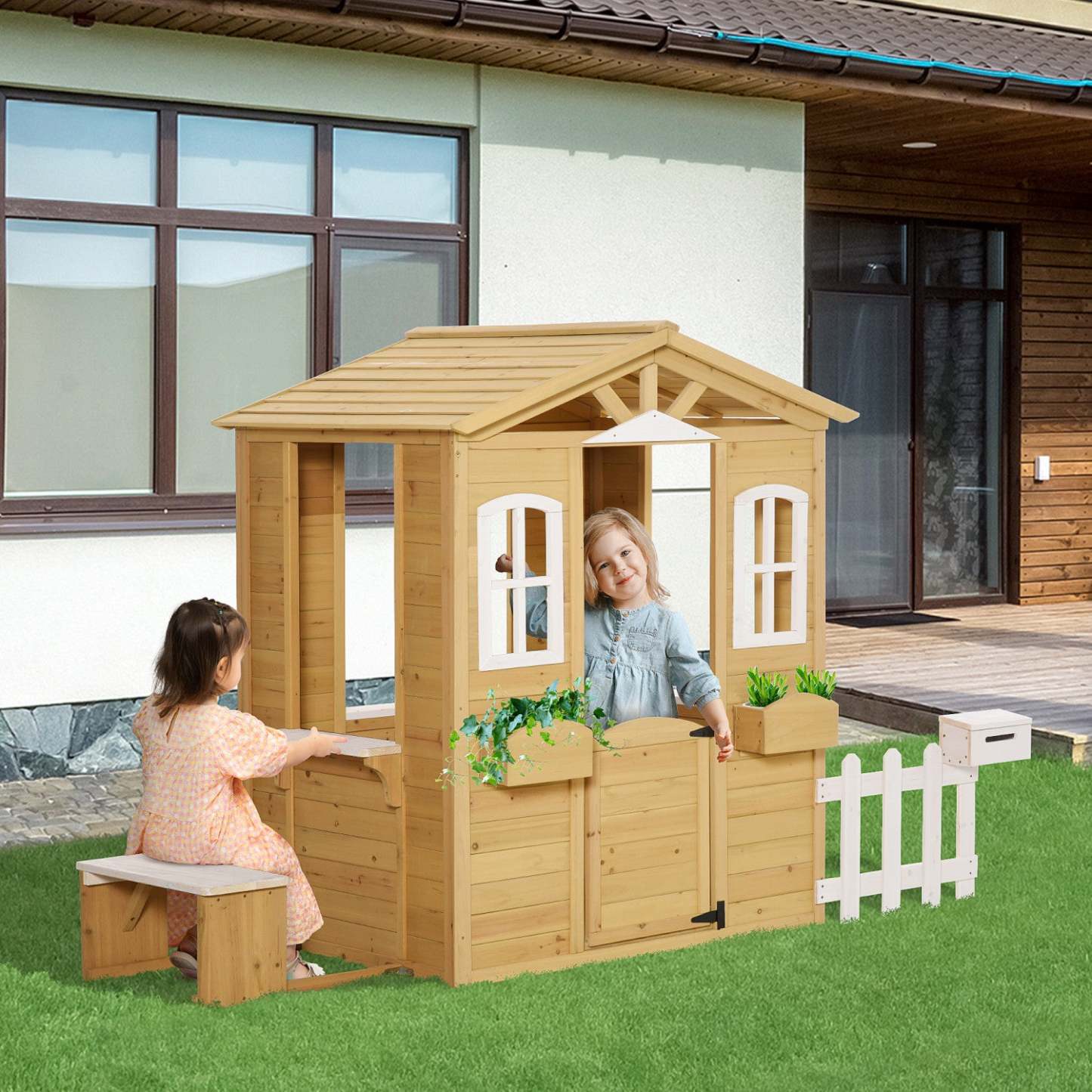 Outsunny Maison De Jeu Pour Enfants D'extérieur Avec Porte Fenêtres Boîte Aux Lettres Porte-pot De Fleurs Station De Service Banc