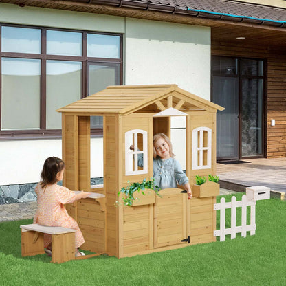 Outsunny Maison De Jeu Pour Enfants D'extérieur Avec Porte Fenêtres Boîte Aux Lettres Porte-pot De Fleurs Station De Service Banc
