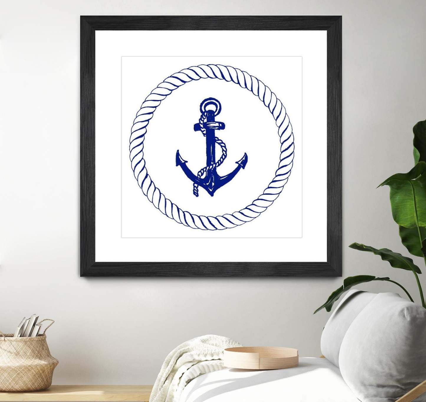 Œuvre d’art murale encadrée noire et mate « Blue Nautical Circle I » 30 x 30