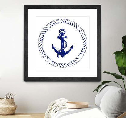 Œuvre d’art murale encadrée noire et mate « Blue Nautical Circle I » 30 x 30
