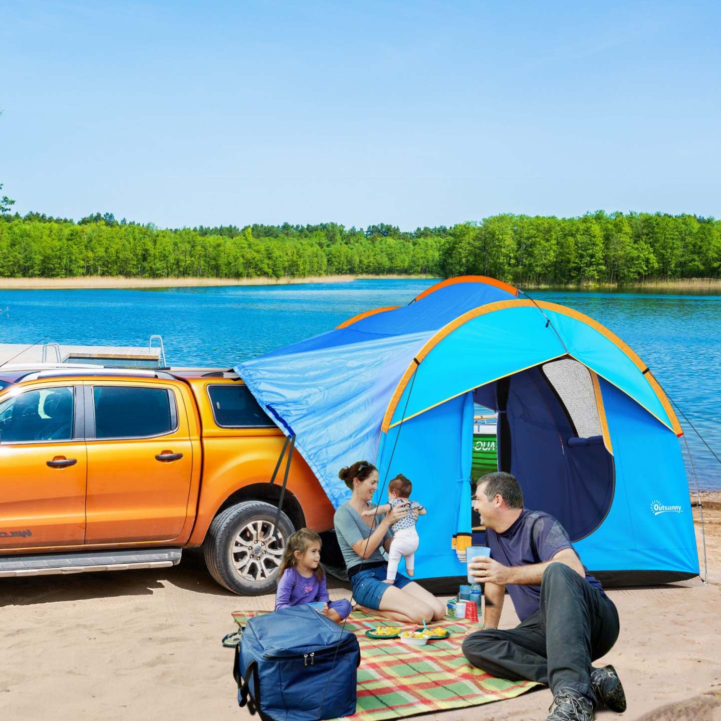 Outsunny Tente De Camping Pour Voiture Avec 3 Portes, 2000mm Imperméable, Bleu Et Orange|Outsunny Car Camping Tent With 3 Doors, Blue And Orange