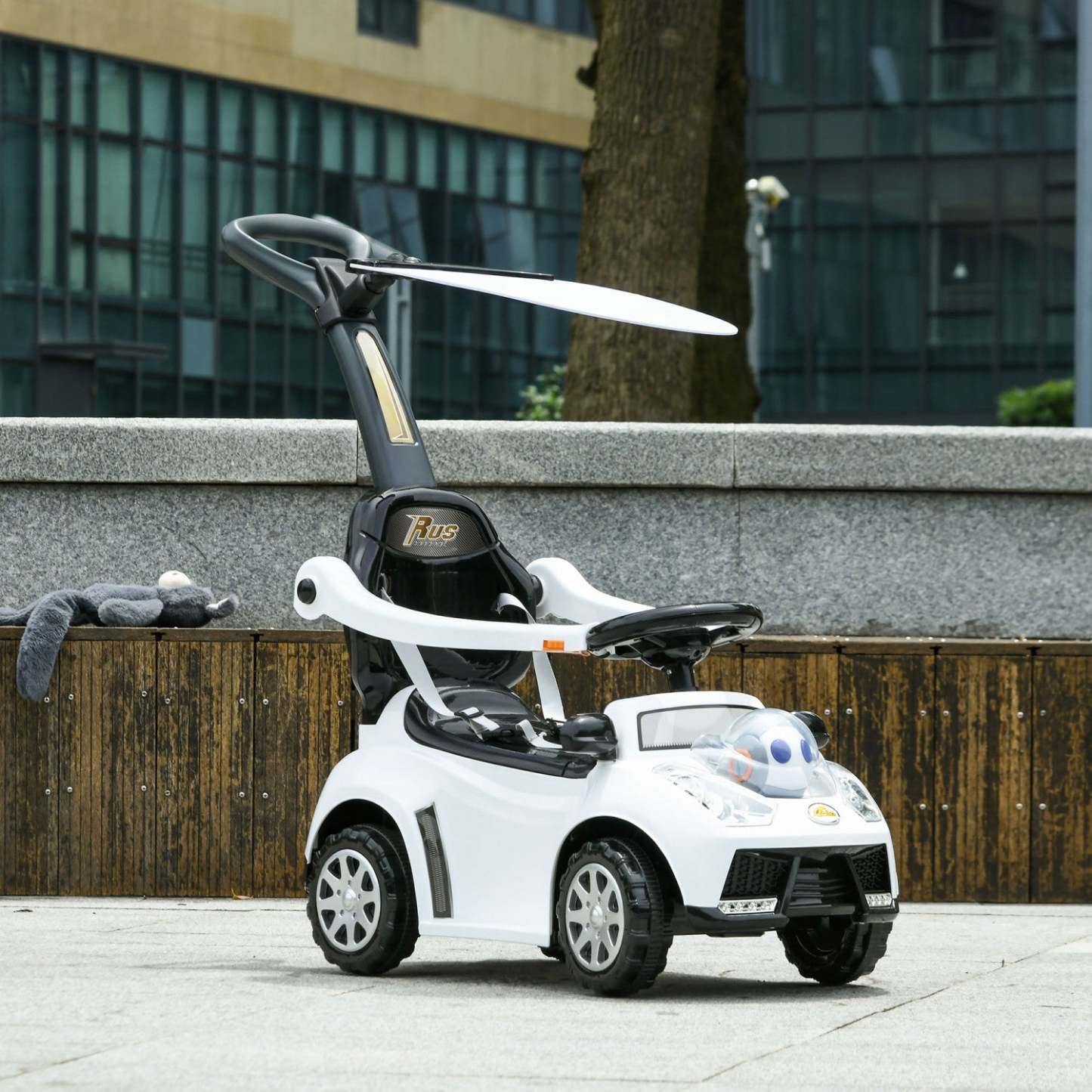 Qaba Push Car, 3 en 1 voiture à pousser pour enfants, voiture à glisser pour tout-petits avec musique, lumière, voiture pour bébé à pousser avec poignée, auvent amovible, garde de sécurité, klaxon, blanc