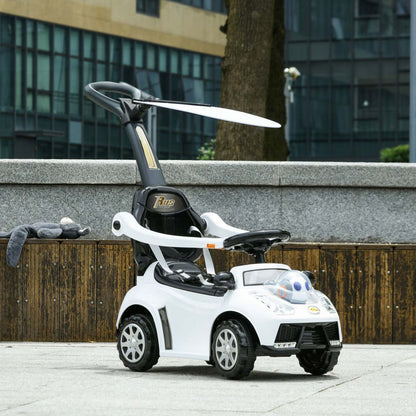 Qaba Push Car, 3 en 1 voiture à pousser pour enfants, voiture à glisser pour tout-petits avec musique, lumière, voiture pour bébé à pousser avec poignée, auvent amovible, garde de sécurité, klaxon, blanc