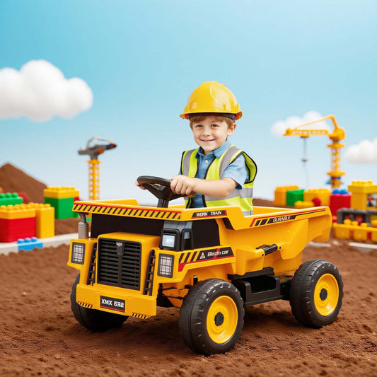 Camion-benne électrique Qaba pour enfants, 12 V, avec télécommande, véhicule de chantier à piles avec musique, lecteur MP3 et port USB. Pour les enfants de 3 à 5 ans. Jaune.