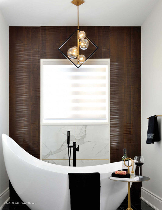 Dainolite Glasgow 5 Light Pendant Matte Black/Vintage Bronze Finish Champagne Glass Lamp|Luminaire suspendu Glasgow de Dainolite en verre champagne, avec fini noir mat et bronze rétro, et 5 ampoules