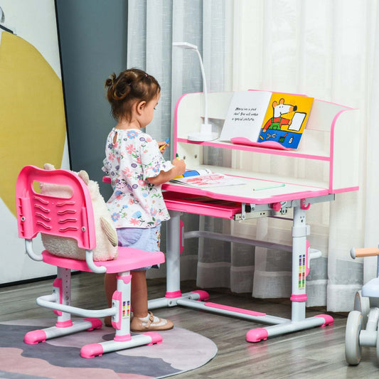 Qaba Bureau Enfant Avec Chaise Ensemble Bureau Et Chaise Reglable Avec Lampe, Support De Lecture, Et
