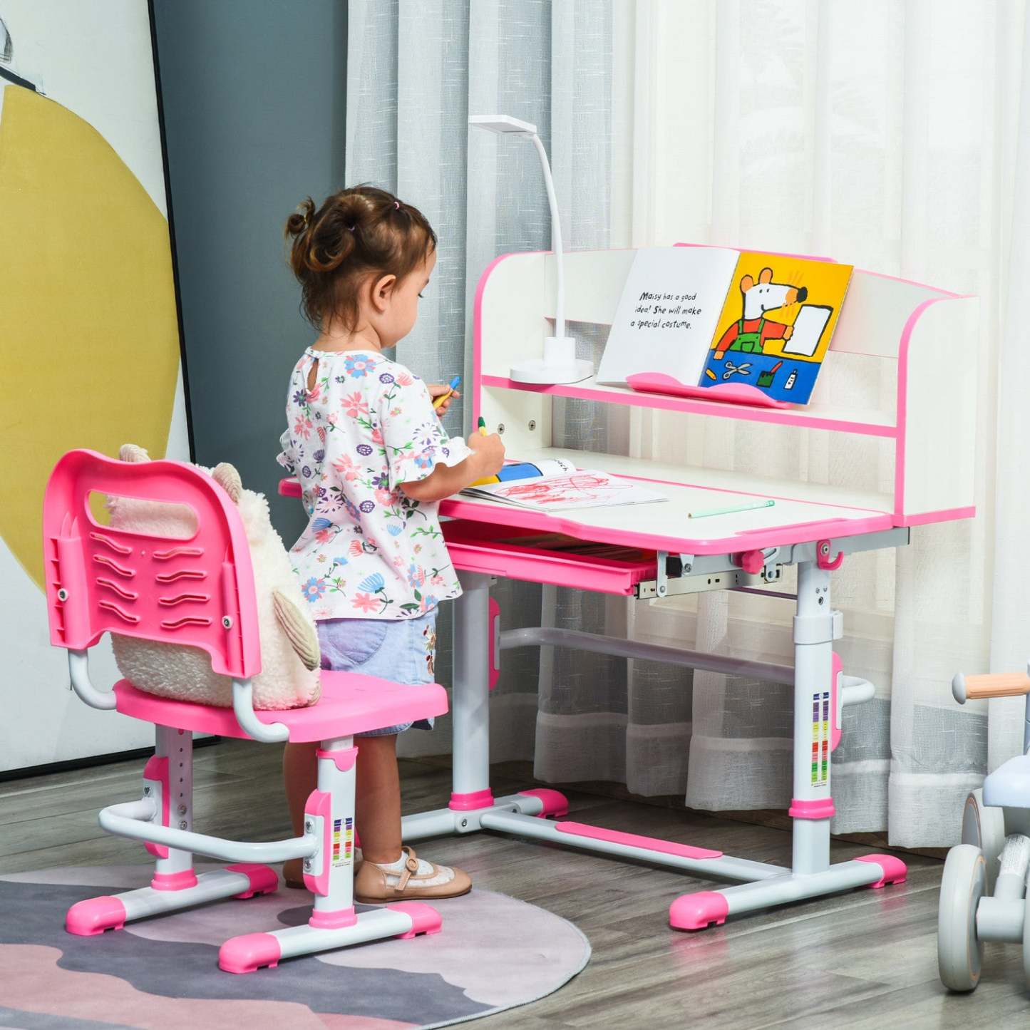 Qaba Bureau Enfant Avec Chaise Ensemble Bureau Et Chaise Reglable Avec Lampe, Support De Lecture, Et