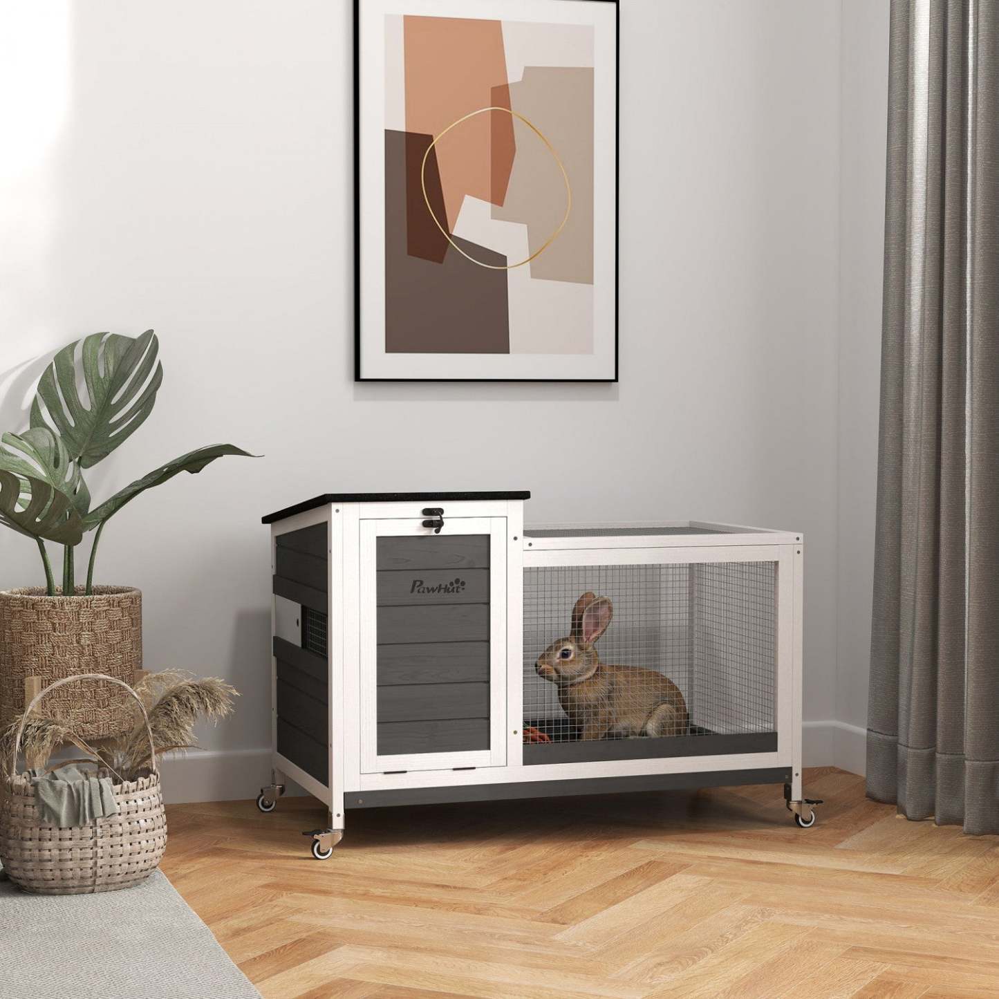 Pawhut Clapier A Lapin En Bois, Cage Pour Cochon D'inde Interieure Et Exterieure Avec Plateau Coulissant, Toit Ouvrable En Asphalte