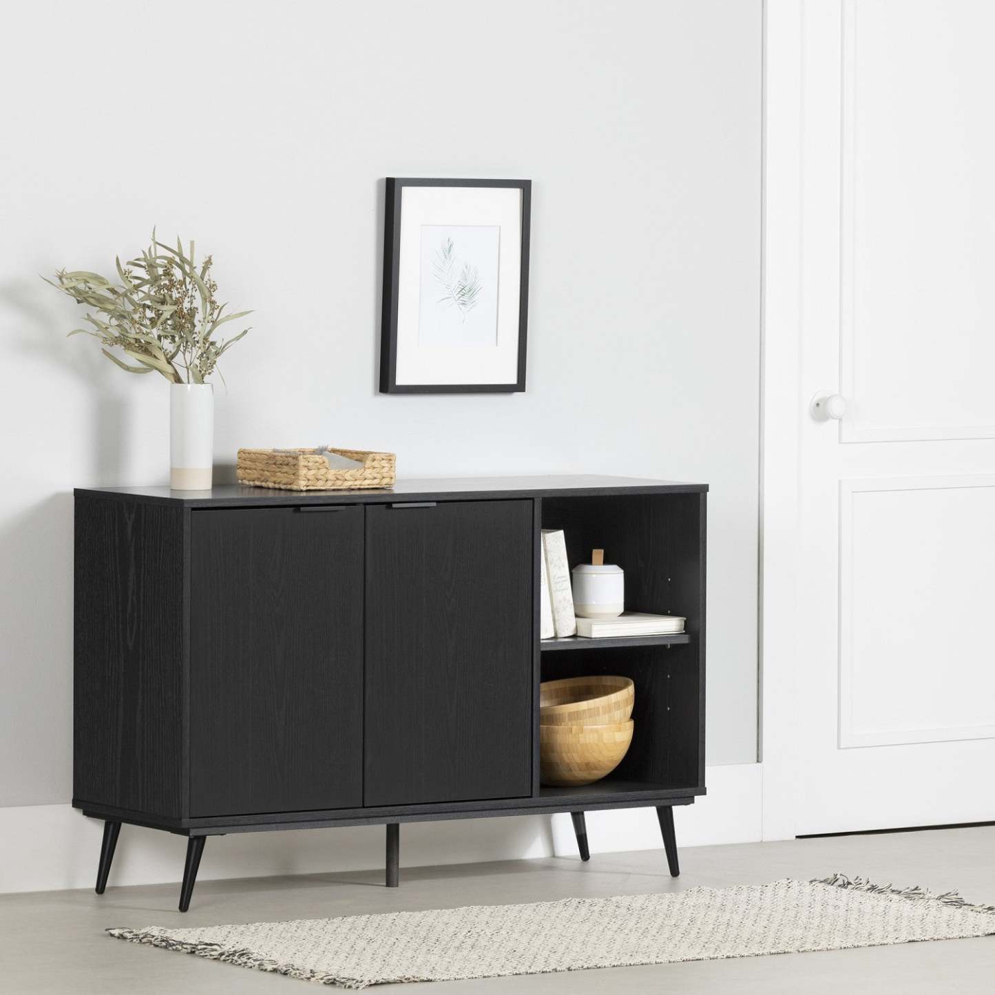 Armoire d'appoint à 2 portes Mezzy avec rangement ouvert - Chêne noir | Armoire décorative Mezzy à 2 portes avec rangement ouvert - chêne noir