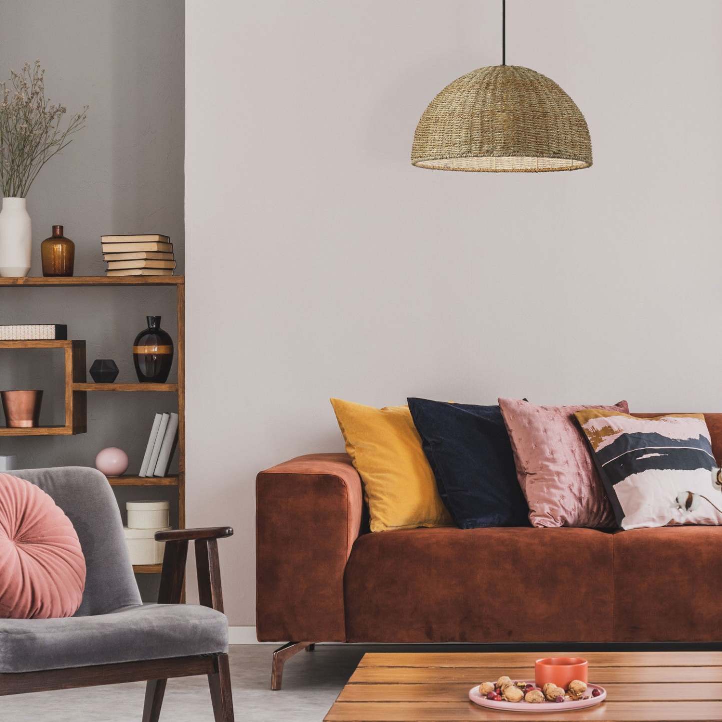 Dainolite Pourel 1 Light Pendant Matte Black Finish Natural Shade Lamp|Luminaire suspendu Pourel de Dainolite avec abat-jour naturel, fini noir mat et 1 ampoule