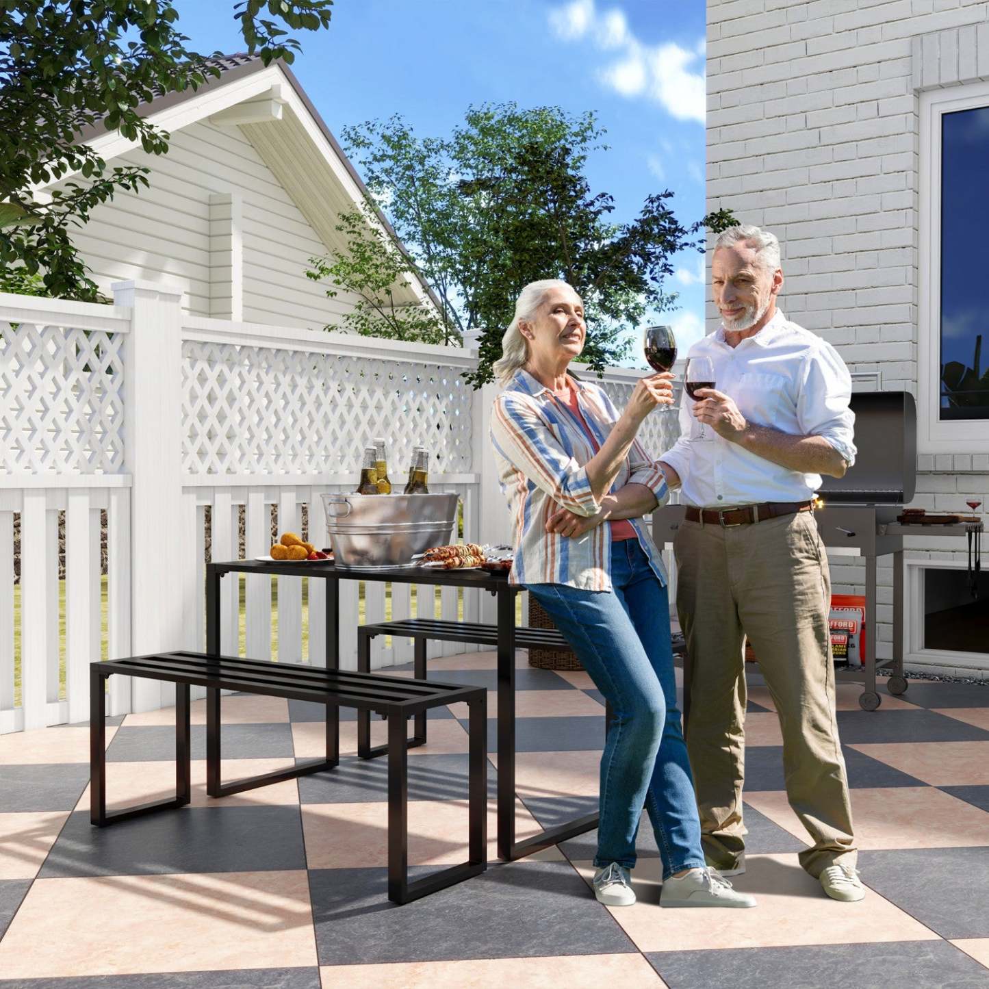 Outsunny Ensemble de table de pique-nique d'extérieur de 3 pièces avec 2 bancs, noir