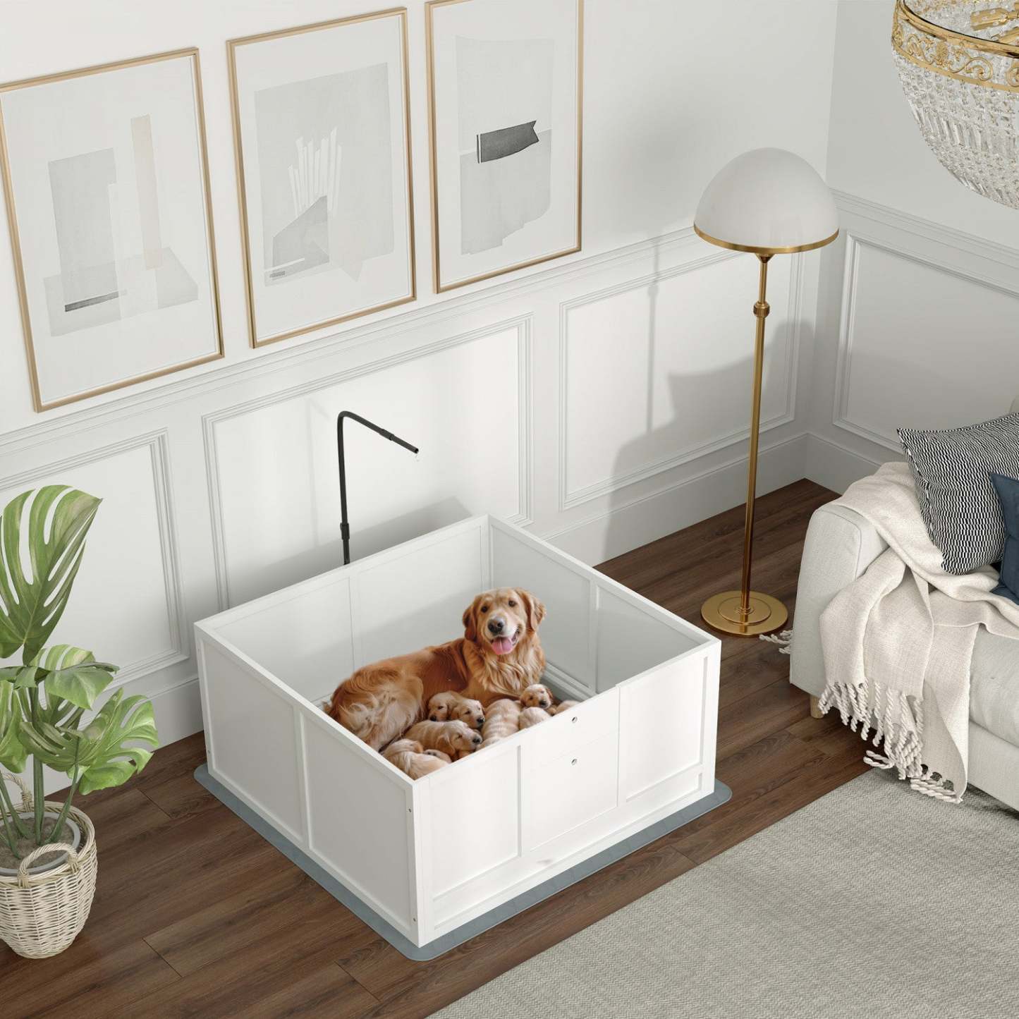 Pawhut Boîte De Mise Bas Pour Chiens, Parc Pour Chiots Avec Support Lumineux Rétractable, Coussin Imperméable, Rail, Adju