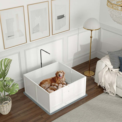 Pawhut Boîte De Mise Bas Pour Chiens, Parc Pour Chiots Avec Support Lumineux Rétractable, Coussin Imperméable, Rail, Adju