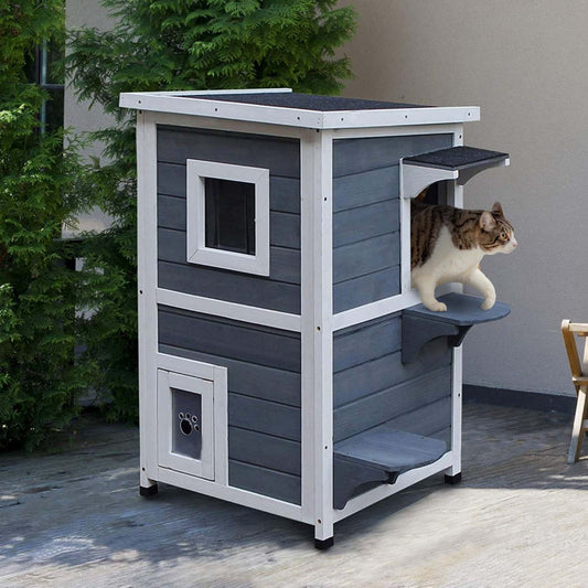 Pawhut 2 Story Outdoor Cat House, Enceinte pour chats extérieurs en bois avec fenêtres, plateformes, | Pawhut Histoire Maison Pour Chats Exterieure, Enceinte Pour Chats Exterieure Abri Pour Chats En Bois