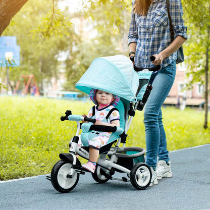 Tricycle pour tout-petit Qaba 6 en 1, tricycle pour enfants avec auvent pliable, poignée parentale amovible et couverture, panier de rangement, ceinture de sécurité à 5 points, pour enfant de 1 à 5 ans, vert