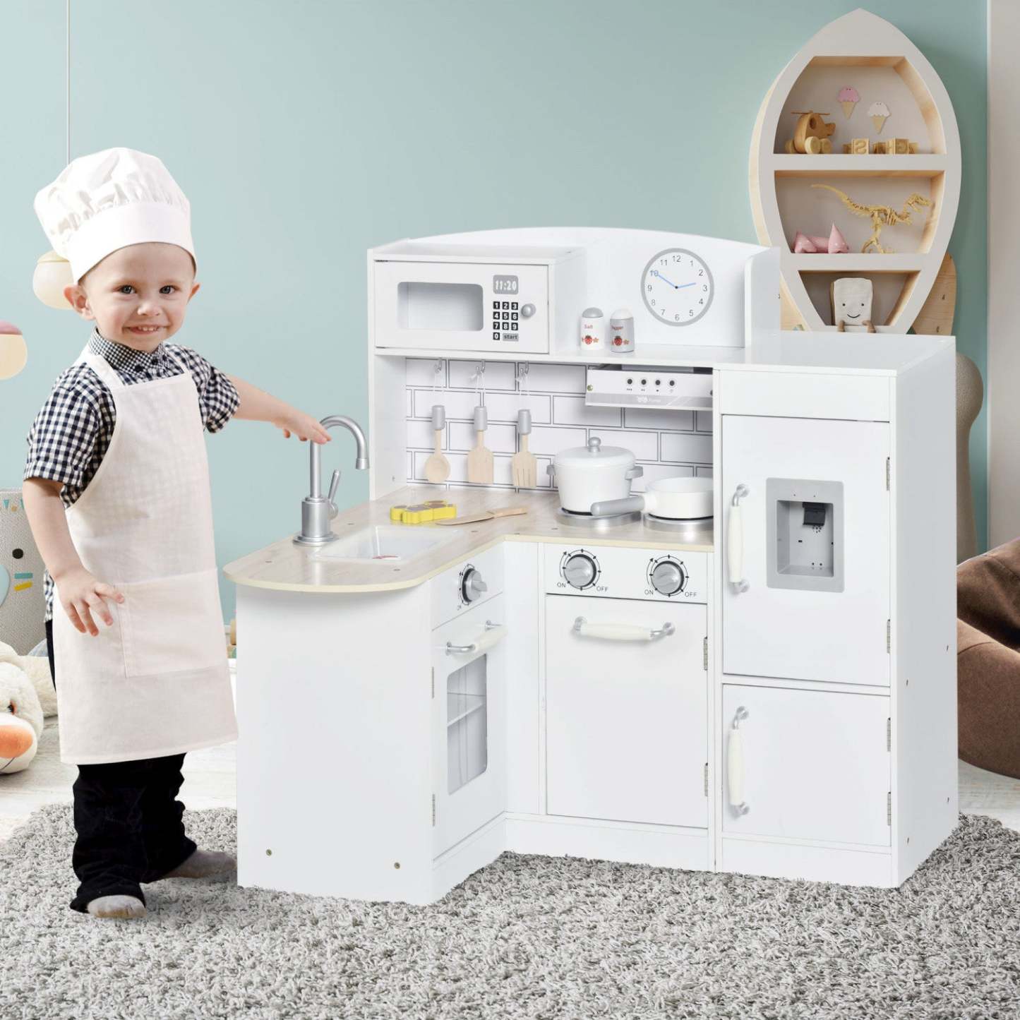 Qaba Jouets De Cuisine Pour Enfants Jeu De Rôle Avec Abreuvoir, Micro-ondes Et Friteuse - Blanc | Qaba Kids Kitchen Play Ensemble de jouets de cuisine pour enfants avec fontaine à boire, micro-ondes et vendredi