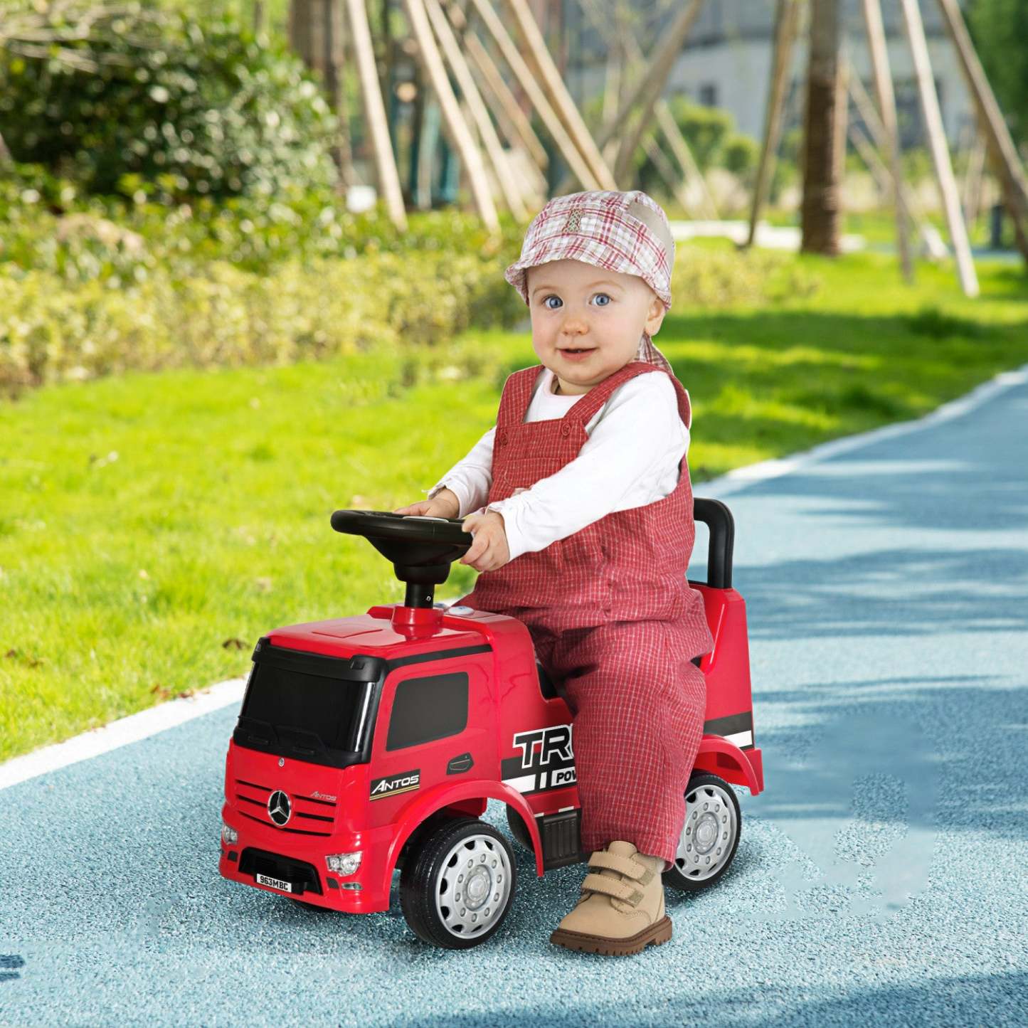 Qaba Mercedes-benz Antos Voiture pour Bébé Licenciée, Voiture à Pousser pour Enfants avec Rangement Sous le Siège, Glissière au Sol avec Volant, Klaxon, Phare, Pour 18-36 Mois, Rouge