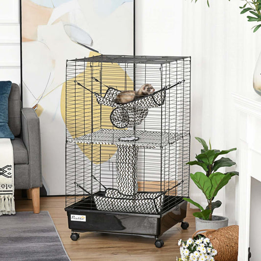 Pawhut Petit Animal Cage Habitat Maison De Jeu Pour Animaux De Compagnie Pour Furet Avec Roues Hamac Tunnels Et 3 Portes