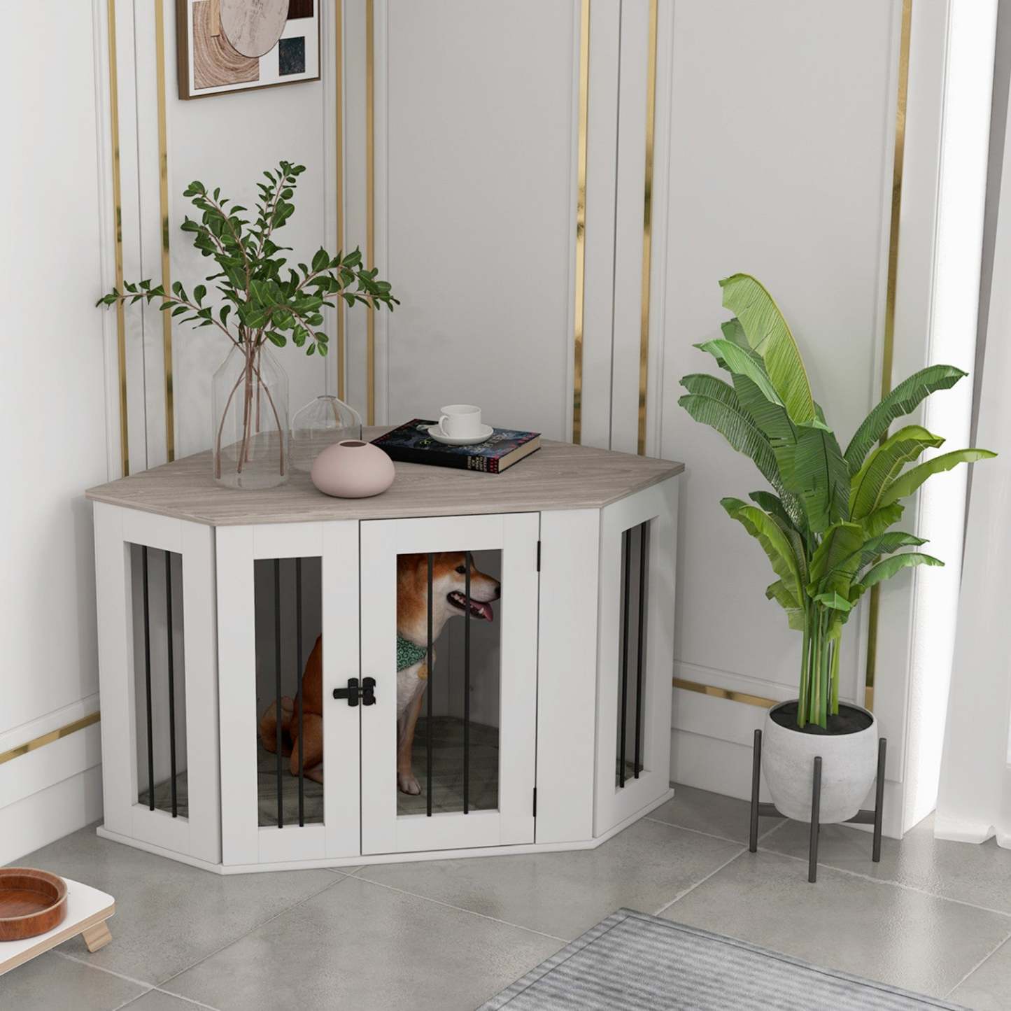 Pawhut Meuble De Cage Pour Chien, 41po Design D'angle Avec Coussin, Porte, Serrure, Cage Pour Chien D'Intérieur