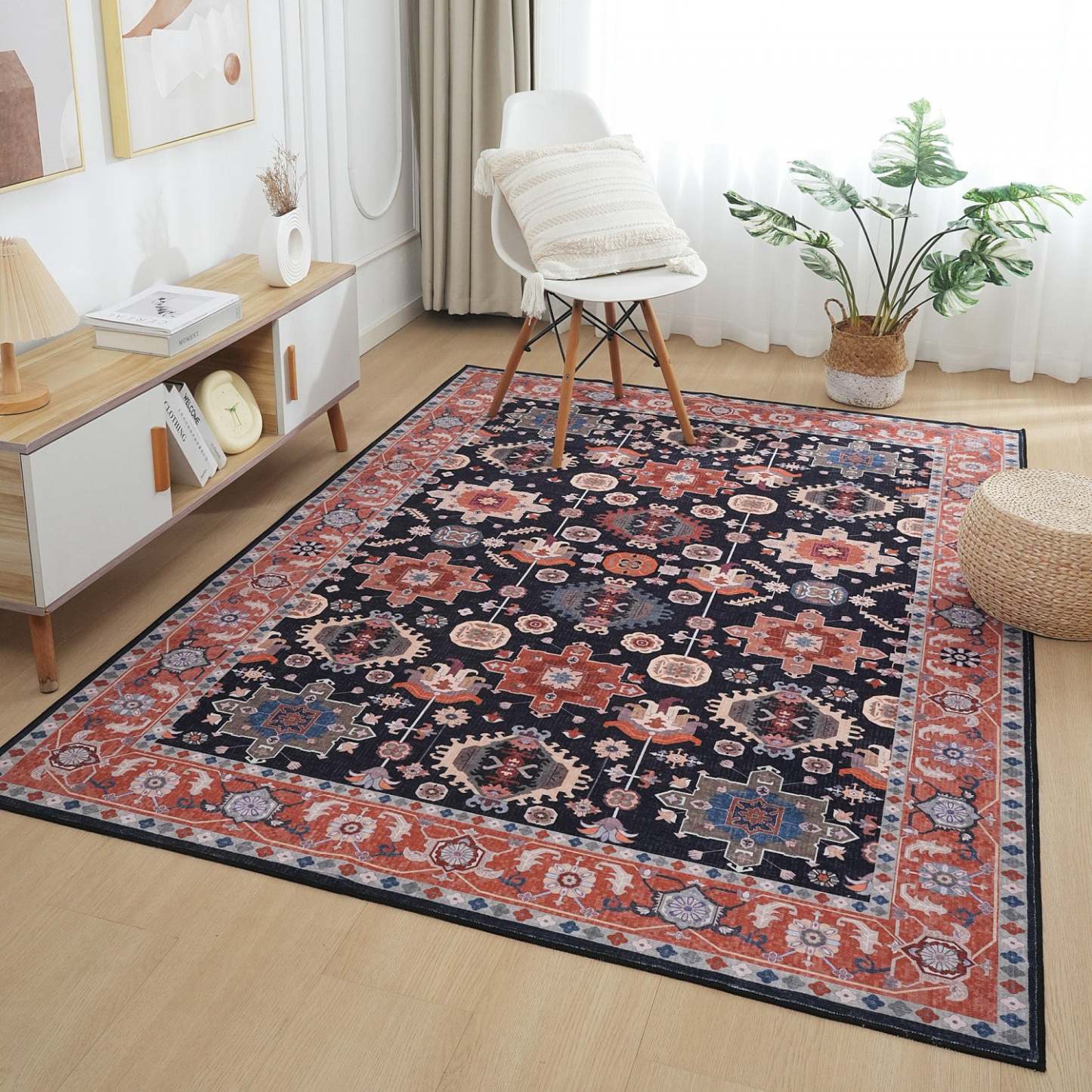 Aqua Black Star Washable Non-slip Low Pile Area Rug 5'x7' | Tapis Étoile Noire Lavable Antidérapant À Poils Ras 5'x7'