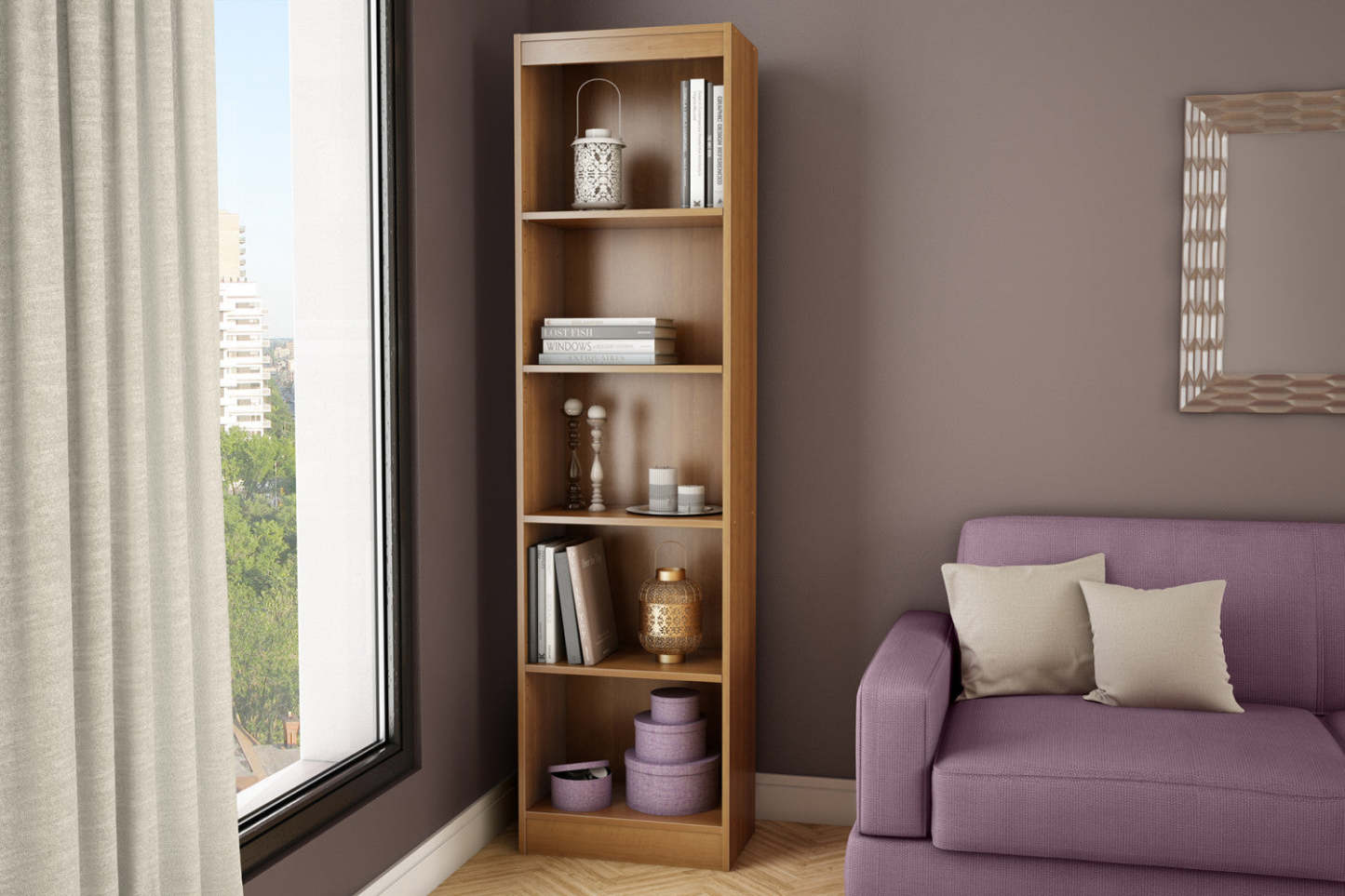 Bibliothèque étroite Axess 5 étagères - Morgan Cherry|Bibliothèque étroite Axess à 5 tablettes - cerisier morgan