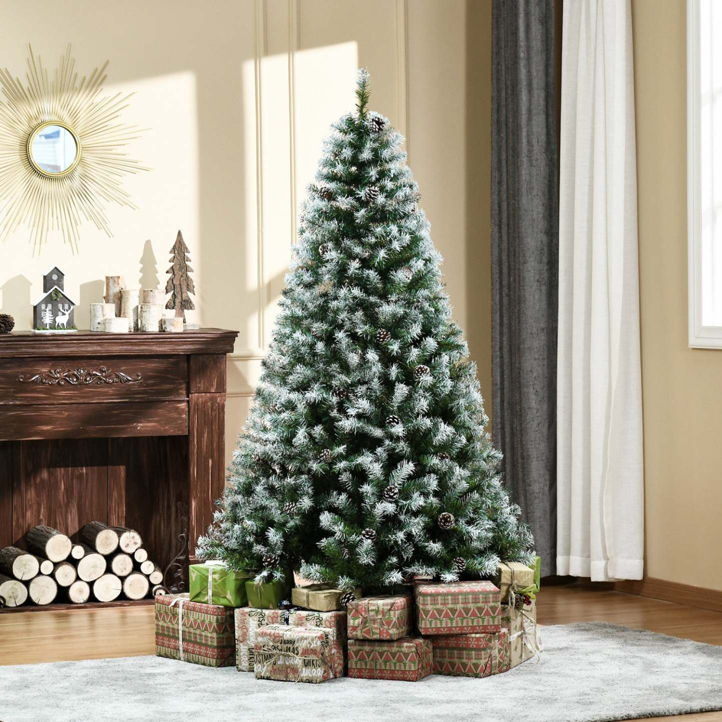 Homcom 6ft Snow Flocked Artificial Christmas Tree With 800 Realistic Branches And 61 Pine Cones|Homcom Arbre De Noël Artificiel 800 Branches Et 61 Pommes De Pin