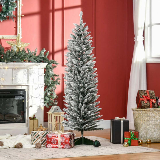 Homcom Pencil Sapin de Noël Artificiel Avec Branches Floquées en Neige|Homcom Sapin de Noël Artificiel Floconné de Neige de 5pi Branches Réalistes