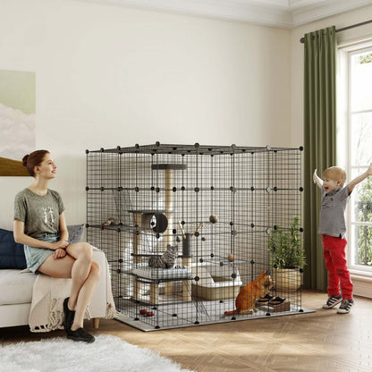 Pawhut Diy Grande Cage à Chats Intérieure, Catio Parc de Jeux pour Animaux avec Plates-formes, Rampes, Espace d'Exercice pour Chatons pour 1-3 Chats, Lapins et Chinchillas, 55 X 55 X 55in, 87 Panneaux, Noir