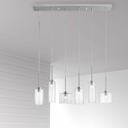 Dainolite Industrial Chic 6 Light Horizontal Pendant Polished Chrome Finish Clear Glass Lamp|Luminaire suspendu horizontal Industrial Chic de Dainolite en verre transparent, avec fini chromé poli et 6 ampoules