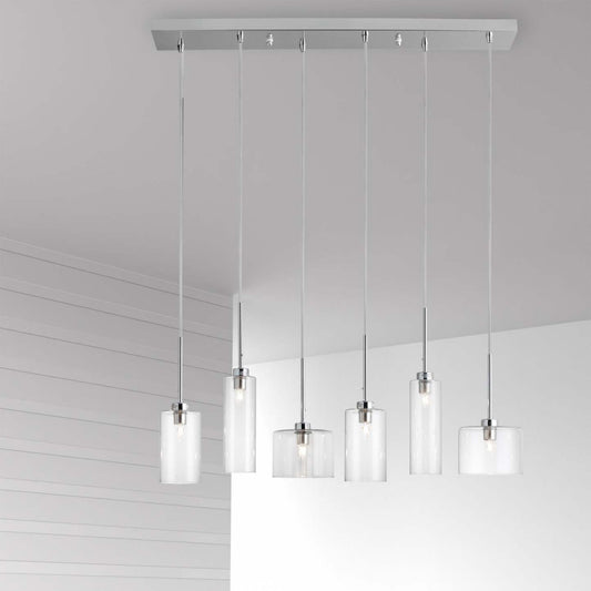 Dainolite Industrial Chic 6 Light Horizontal Pendant Polished Chrome Finish Clear Glass Lamp|Luminaire suspendu horizontal Industrial Chic de Dainolite en verre transparent, avec fini chromé poli et 6 ampoules