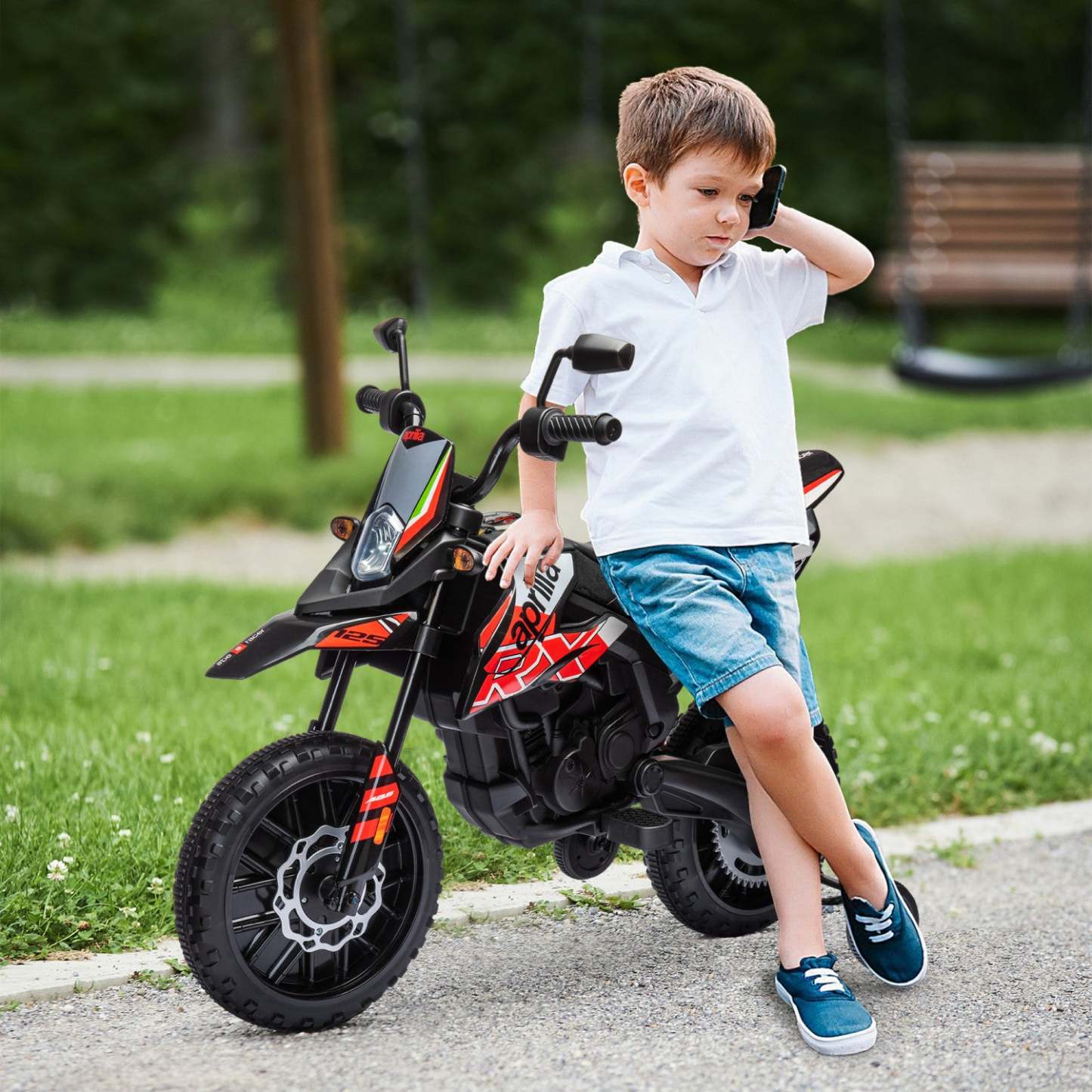 Qaba Moto Électrique pour Enfants 12v, Moto Tout-Terrain Alimentée par Batterie Licenciée Aprilia avec Roues d'Apprentissage, Suspension à Ressort, Phare, Musique, Pour Garçons et Filles Âgés de 3 à 8 Ans, Rouge