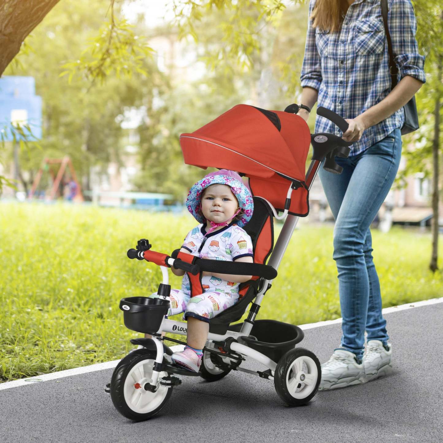Qaba Tricycle Pour Tout-petits, 6 En 1 Vélo Poussette Avec Poignée De Poussee Parentale, Canopy, Paniers De Rangement, Support Pour Tasse