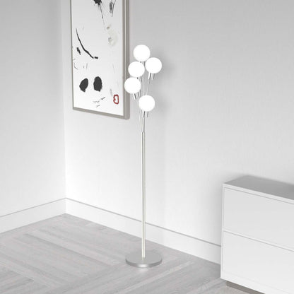Dainolite Budding Branch 5 Light Lampadaire Satin Chrome Finish White Glass|Lampe à pied Budding Branch de Dainolite en verre blanc, avec finition chromé satiné et 5 ampoules