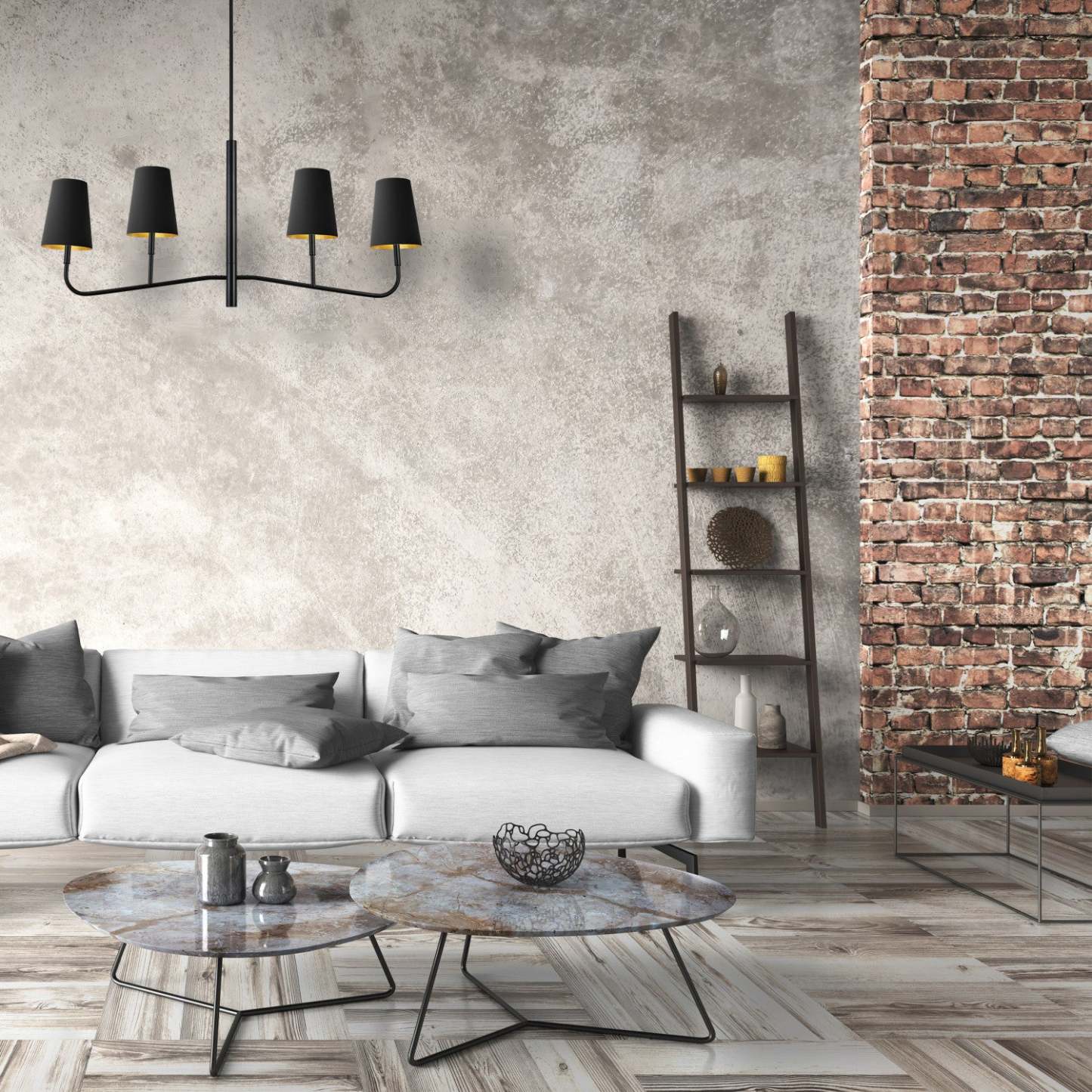 Dainolite Eleanor 4 Light Horizontal Chandelier Matte Black Black/Gold Shades Lamp|Lustre horizontal Eleanor de Dainolite avec abat-jour noir et doré, fini noir mat et 4 ampoules