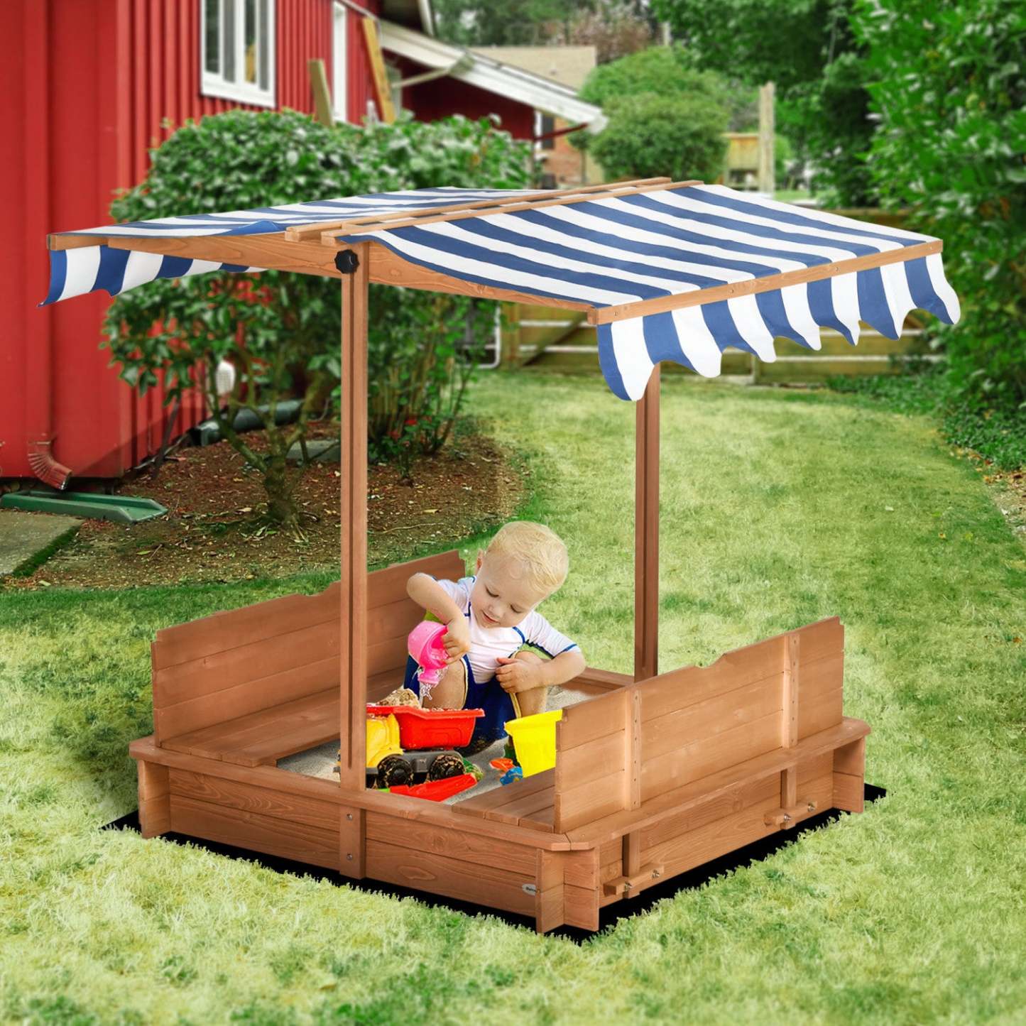 Kids Wooden Sandbox With Lid Outdoor Backyard Playset Children Sand Play Station W/adjustable Cover | Bac à sable en bois pour enfants avec couvercle, station de jeu de sable d'extérieur pour enfants avec couvercle ajustable