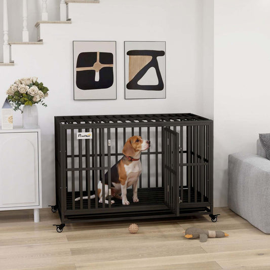 Pawhut Cage Pour Chien En Acier Robuste Avec Roulettes Pour La Portabilité Et Une Porte Pour Un Accès