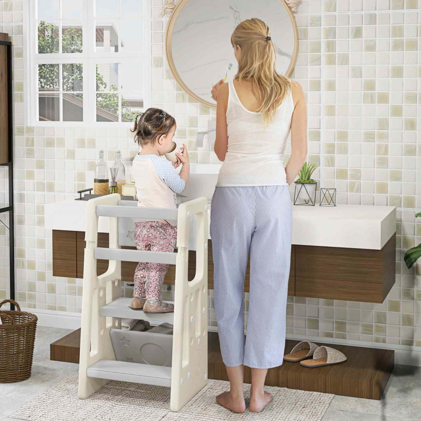 Qaba Tabouret A 2 Marches Pour Bambin Avec Plateforme A Hauteur Reglable Et Rail De Securite, Crème