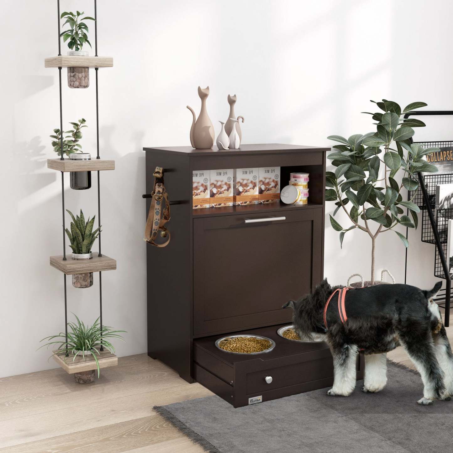 Pawhut Station D'alimentation Pour Animaux De Compagnie, Armoire De Stockage De Nourriture Pour Chien Avec Bols Élevés Pour Chien Et Accroche