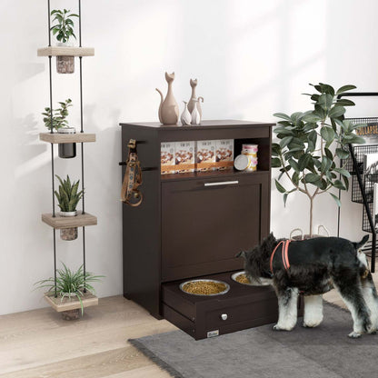 Pawhut Station D'alimentation Pour Animaux De Compagnie, Armoire De Stockage De Nourriture Pour Chien Avec Bols Élevés Pour Chien Et Accroche