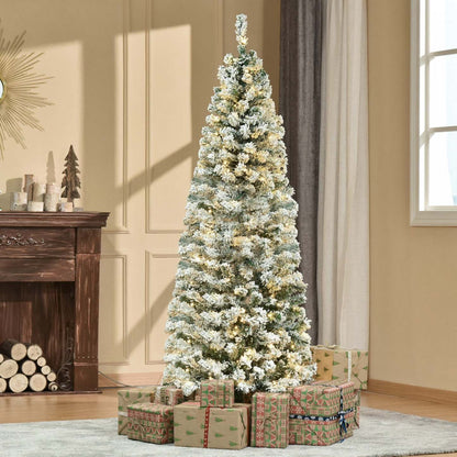 Homcom Arbre De Noël En Forme De Crayon Floqué De Neige Artificielle Pré-éclairé De 6 Pieds Avec 250 Lumières LED Blanc Chaud Et 462 Pointes De Branche
