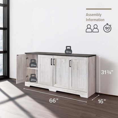 Prepac Rustic Ridge 4-Door Console Buffet - Washed White|Console Rustic Ridge de Prepac à 4 portes - blanc délavé